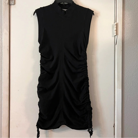 T by Alexander Wang Mock Neck Dress Mini Scrunched Black Cotton Medium Stretchy - Picture 3 of 13